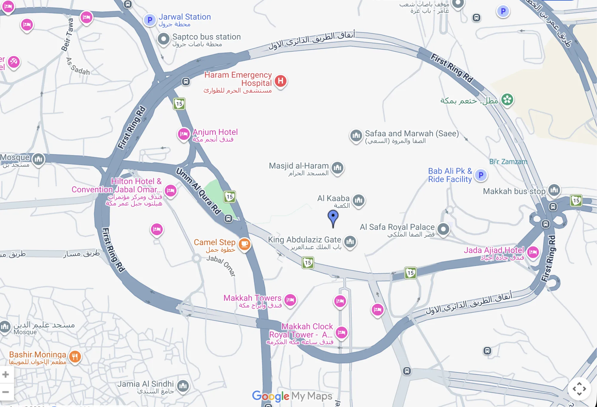 Map of Makkah neighborhoods showing walking distance to Masjid al-Haram for Umrah